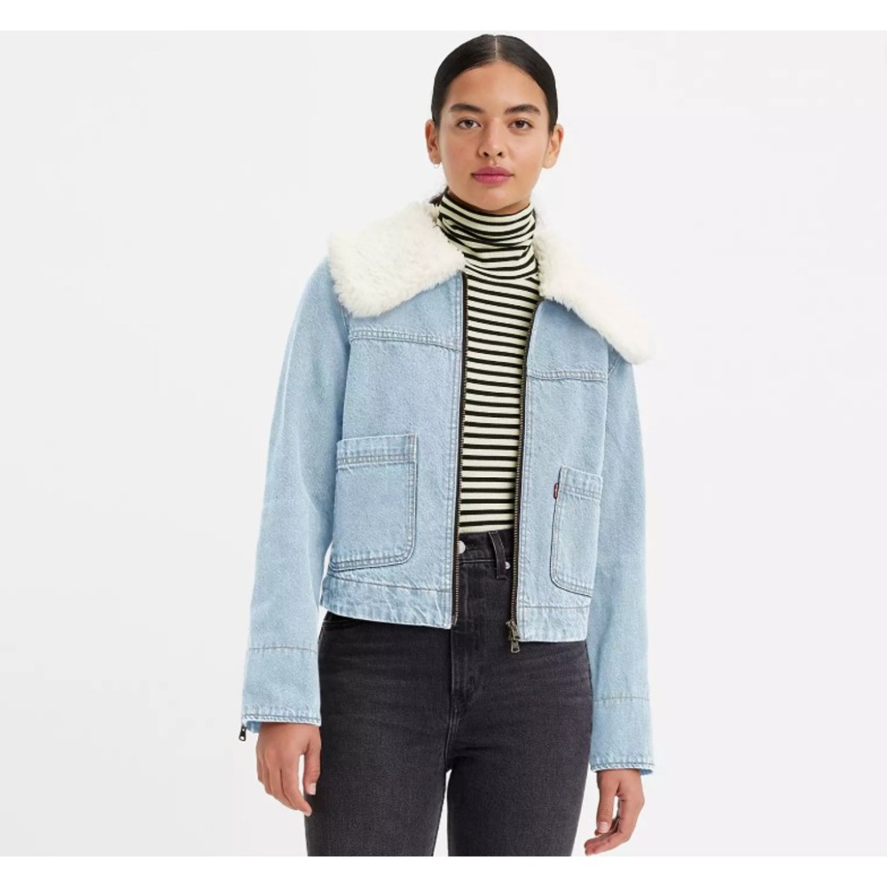 Levi's Retro Sherpa Trucker Jacket Womens XS Premium Denim Jean‎ Zip Y2K